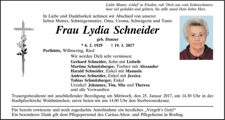 Traueranzeige Lydia Schneider