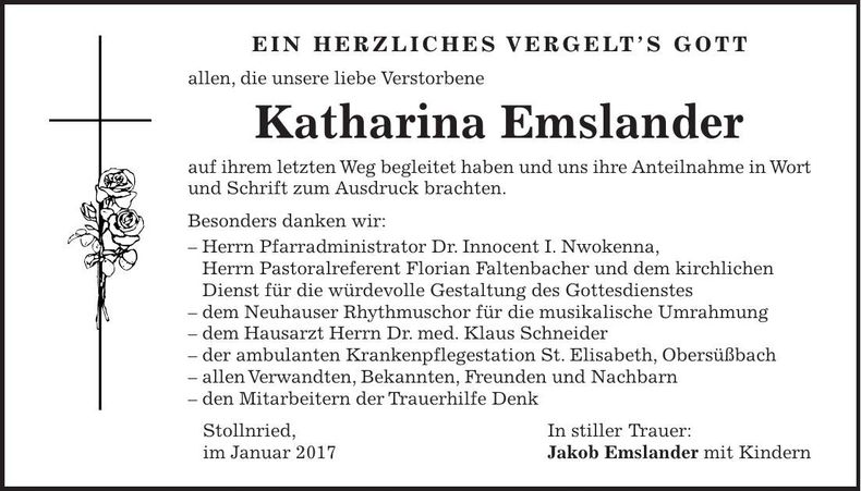 Traueranzeige Katharina Emslander