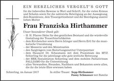 Traueranzeige Franziska Hirthammer