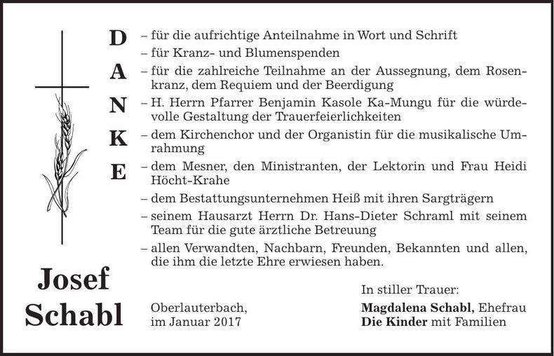 Traueranzeige Josef Schabl