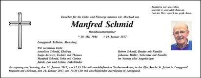 Traueranzeige Manfred Schmid