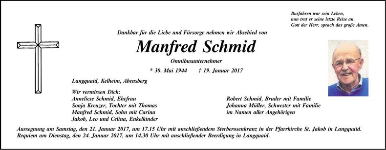 Traueranzeige Manfred Schmid