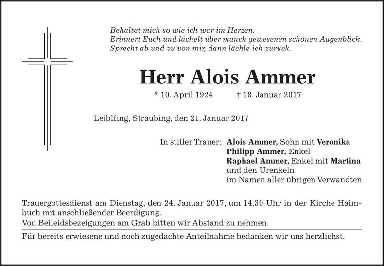 Traueranzeige Alois Ammer