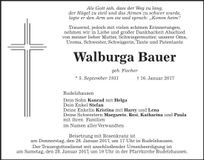 Traueranzeige Walburga Bauer