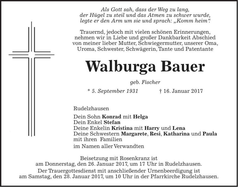 Traueranzeige Walburga Bauer