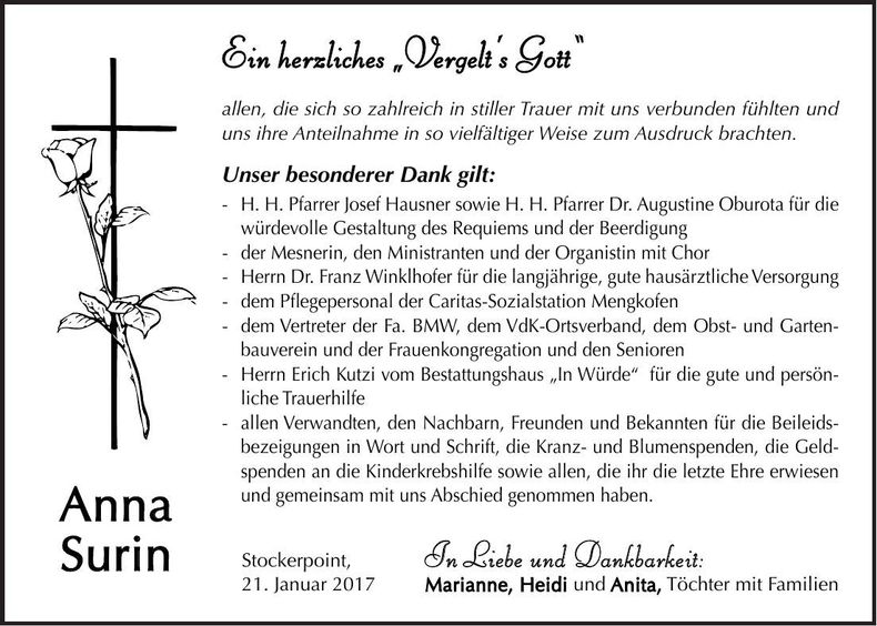 Traueranzeige Anna Surin