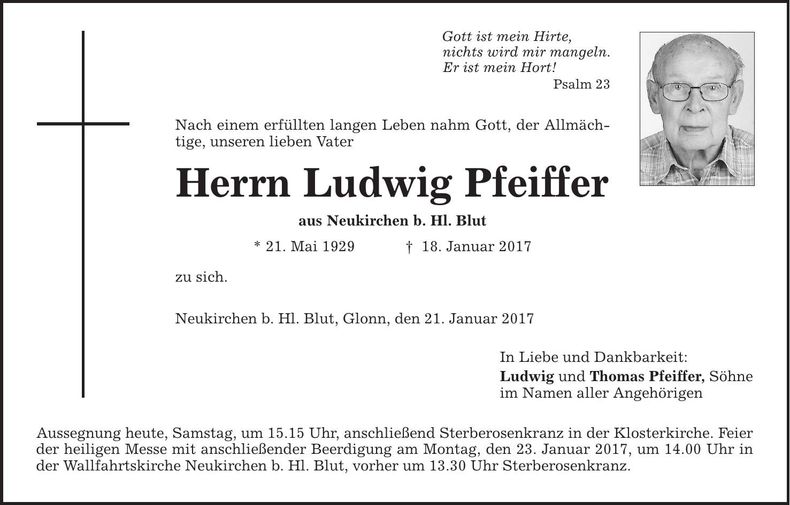 Traueranzeige Ludwig Pfeiffer