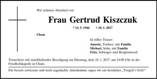 Traueranzeige Gertrud Kiszczuk