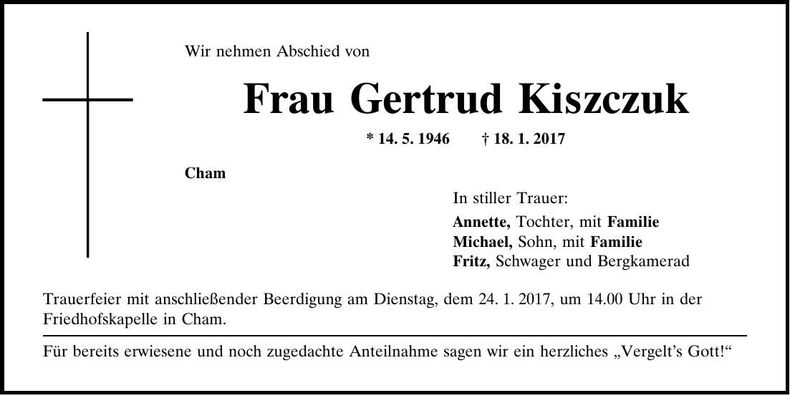 Traueranzeige Gertrud Kiszczuk
