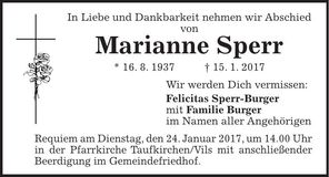 Traueranzeige Marianne Sperr