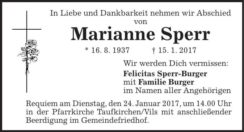 Traueranzeige Marianne Sperr