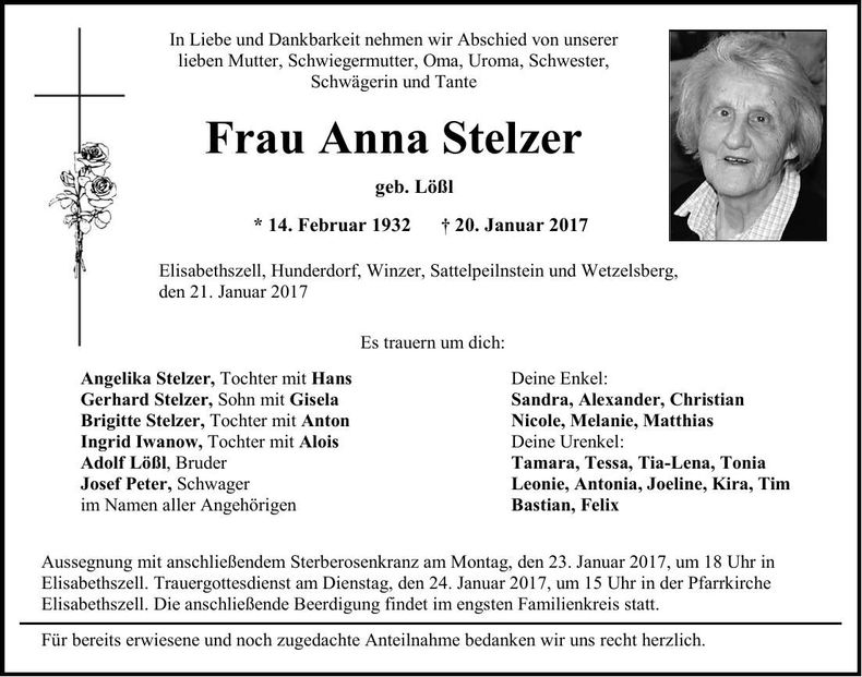 Traueranzeige Anna Stelzer