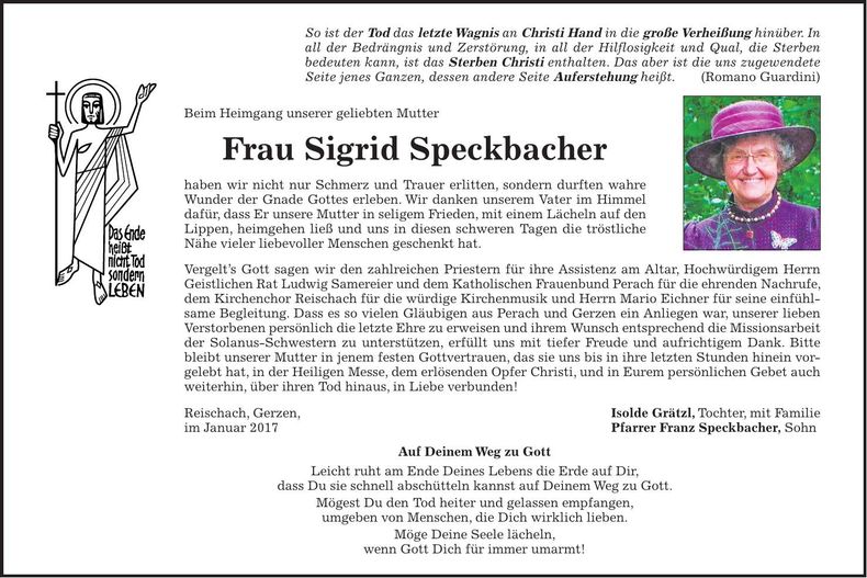 Traueranzeige Sigrid Speckbacher