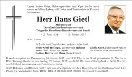 Traueranzeige Hans Gietl