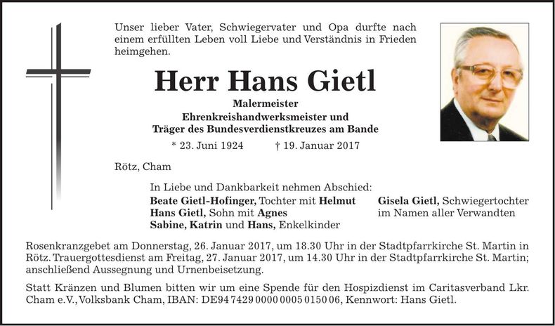 Traueranzeige Hans Gietl