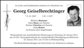Traueranzeige Georg Geiselbrechtinger