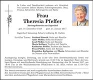 Traueranzeige Theresia Pfeffer