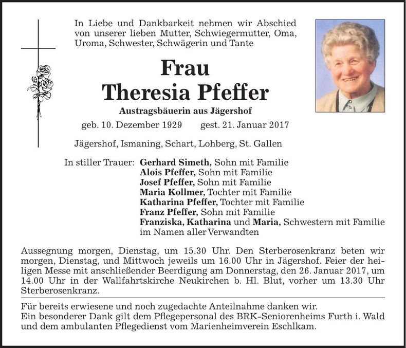 Traueranzeige Theresia Pfeffer