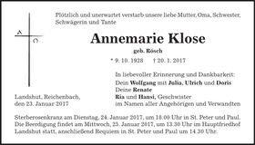 Traueranzeige Annemarie Klose