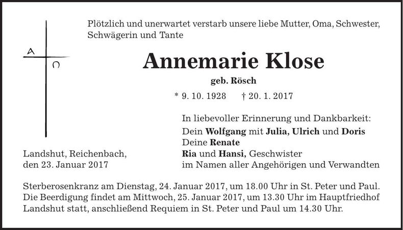 Traueranzeige Annemarie Klose