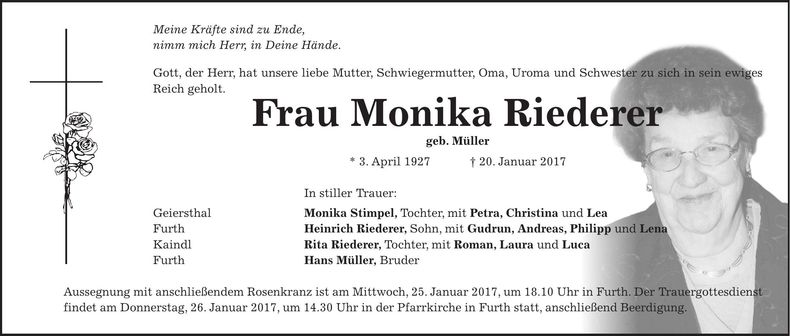 Traueranzeige Monika Riederer