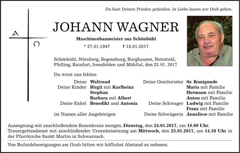 Traueranzeige Johann Wagner
