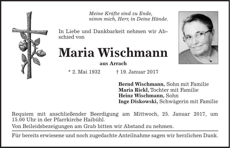 Traueranzeige Maria Wischmann