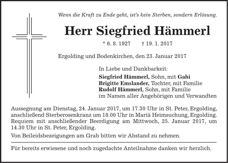 Traueranzeige Siegfried Hämmerl