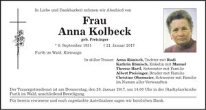 Traueranzeige Anna Kolbeck