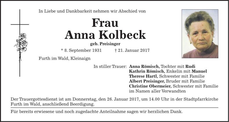 Traueranzeige Anna Kolbeck