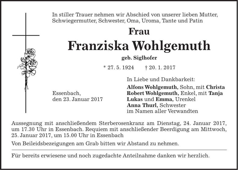 Traueranzeige Franziska Wohlgemuth