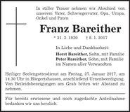 Traueranzeige Franz Bareither
