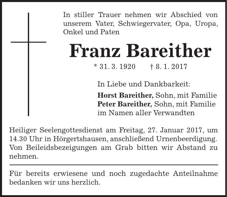 Traueranzeige Franz Bareither