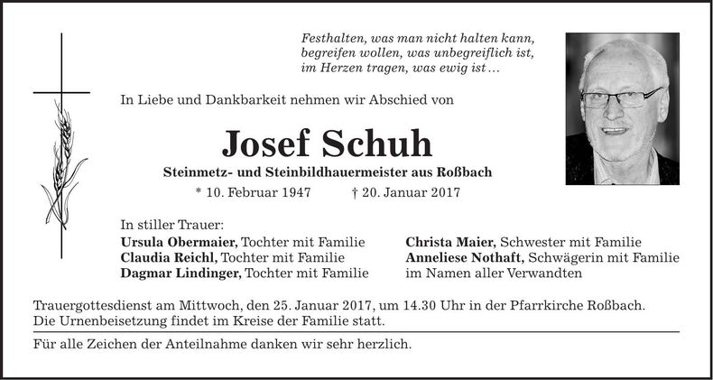 Traueranzeige Josef Schuh