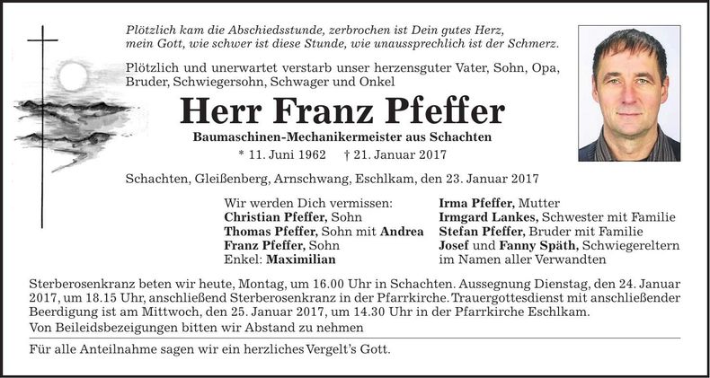 Traueranzeige Franz Pfeffer