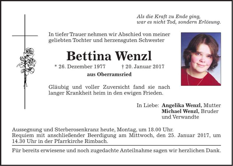 Traueranzeige Bettinia Wenzl