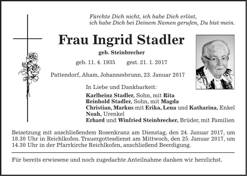 Traueranzeige Ingrid Stadler