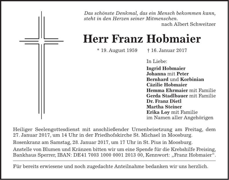 Traueranzeige Franz Hobmaier
