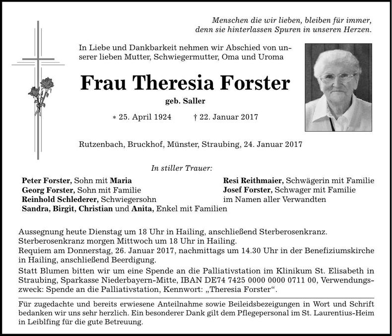 Traueranzeige Theresia Forster