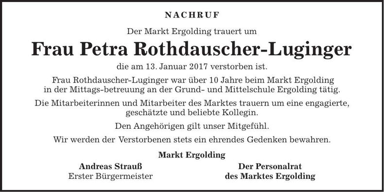Traueranzeige Petra Rothdauscher-Luginger