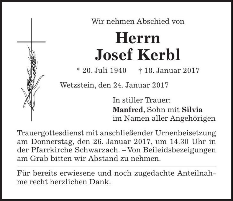 Traueranzeige Josef Kerbl