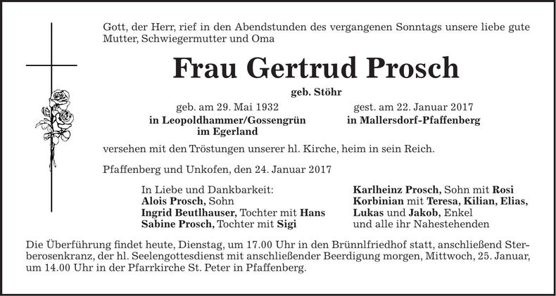 Traueranzeige Gertrud Prosch