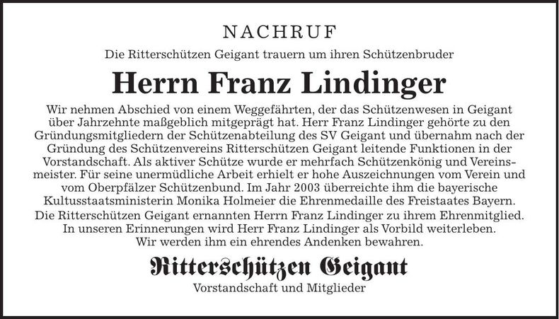 Traueranzeige Franz Lindinger
