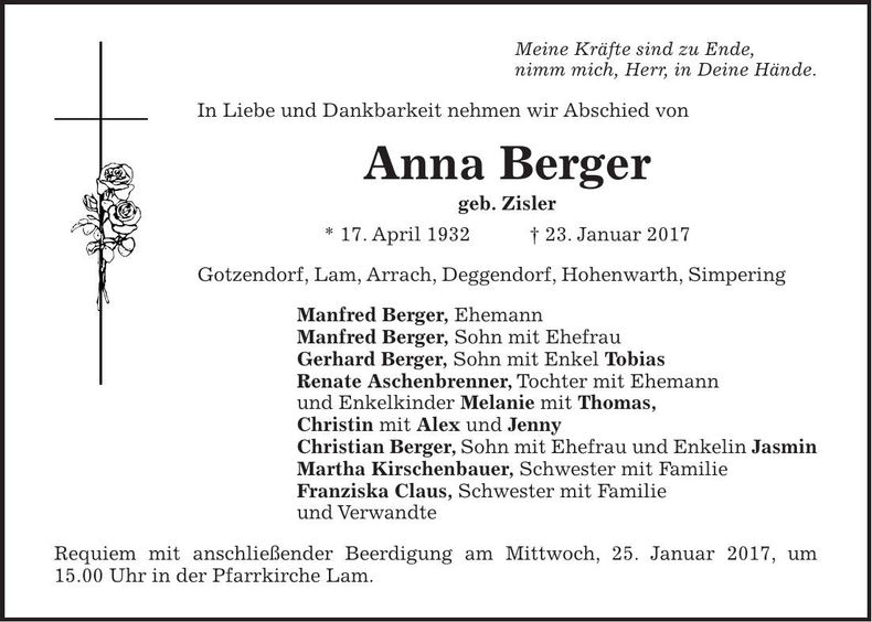 Traueranzeige Anna Berger