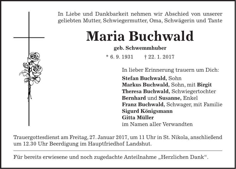 Traueranzeige Maria Buchwald