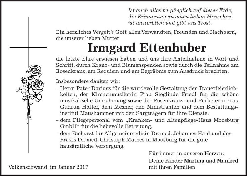Traueranzeige Irmgard Ettenhuber