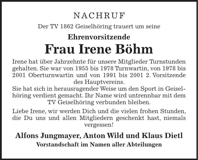 Traueranzeige Irene Böhm