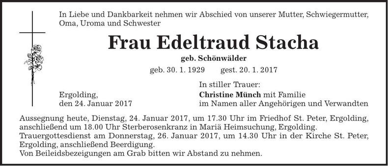 Traueranzeige Edeltraud Stacha