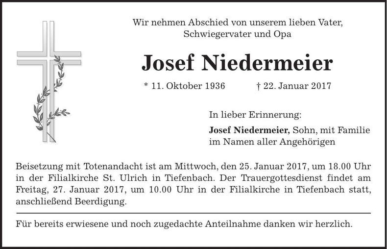 Traueranzeige Josef Niedermeier