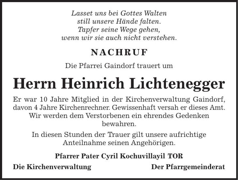 Traueranzeige Heinrich Lichtenegger